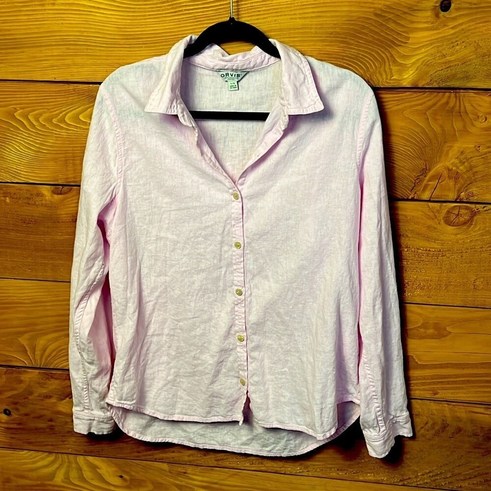 Orvis Classic Collection Pink Linen Blend Button Down Shirt Womens L LS Preppy